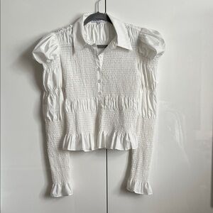 🤍HOST PICK En Saison NWOT White Smocked Blouse Puff Sleeve, Size M